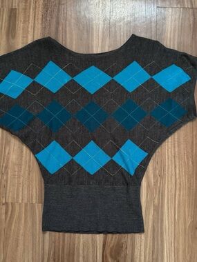 The Limited Charcoal Argyle Batwing Sweater with Teal & Bright Blue Diamonds